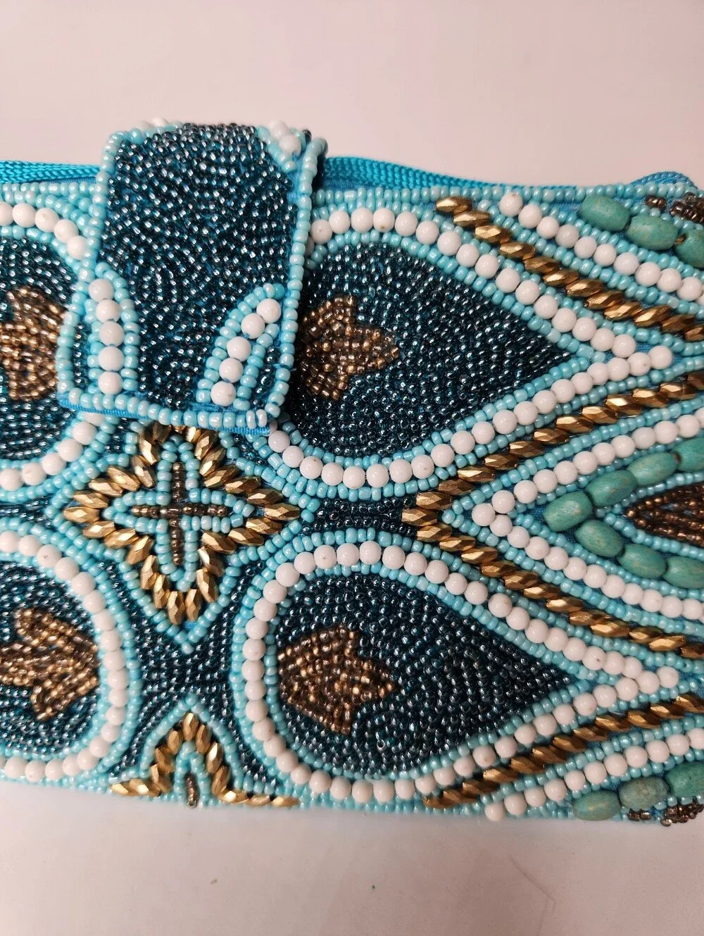NEW Bamboo Trading Company Beaded Turquoise Wristlet Crossbody Bag Blue Satin
